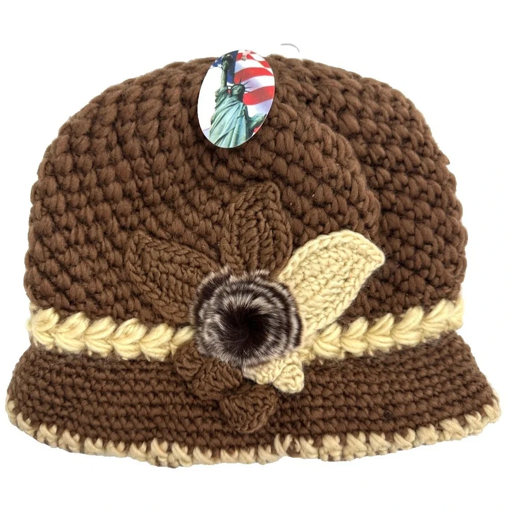 Women's Crochet Cloche Fleece Lined Winter Hat Faux Fur Flower Accent Brown Knit